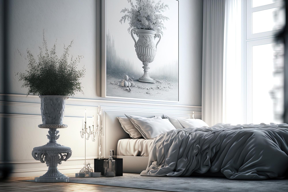 biało srebrna sypialnia w stylu glamour