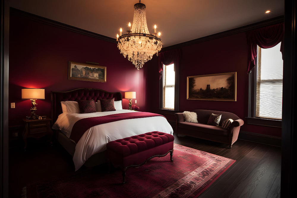 burgundowa sypialnia w stylu glamour