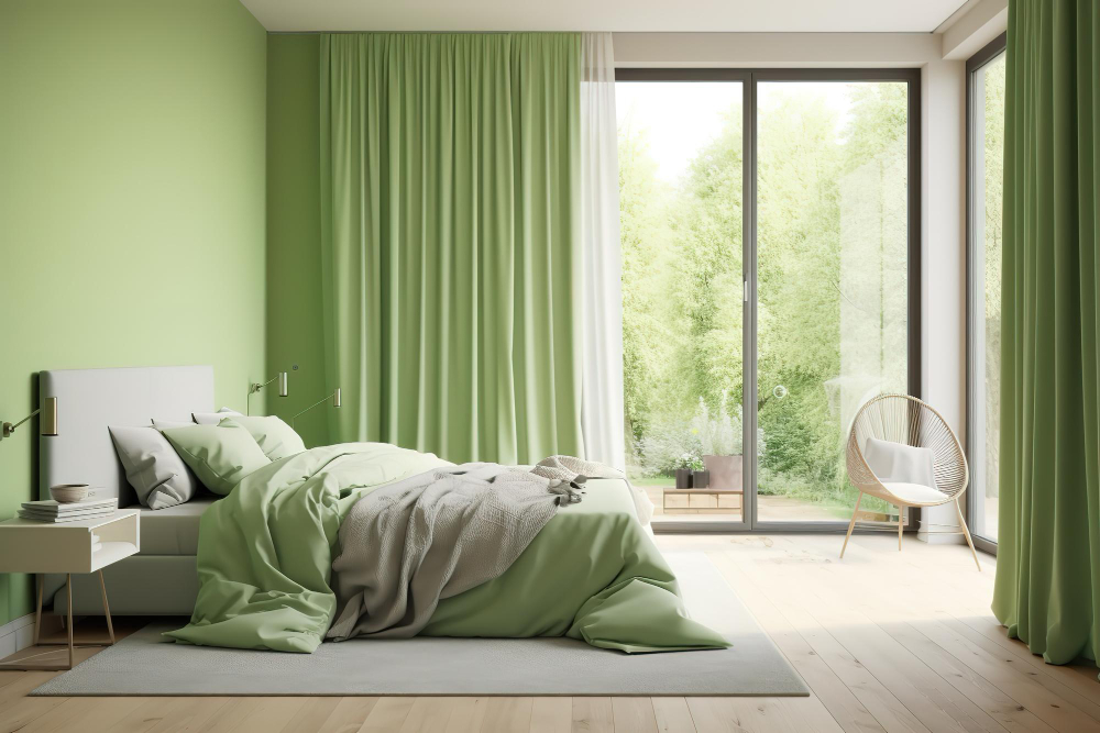 zielone zasłony w sypialni
